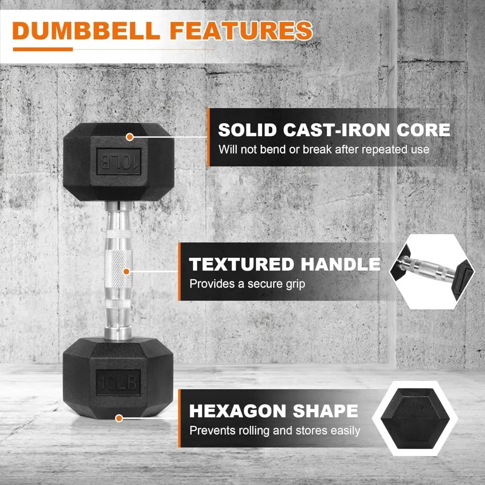 Hex Rubber Dumbbell Set with Contoured Handle for Full Body Workout, Strength Training & Muscle Toning, 60LB-550LB Options