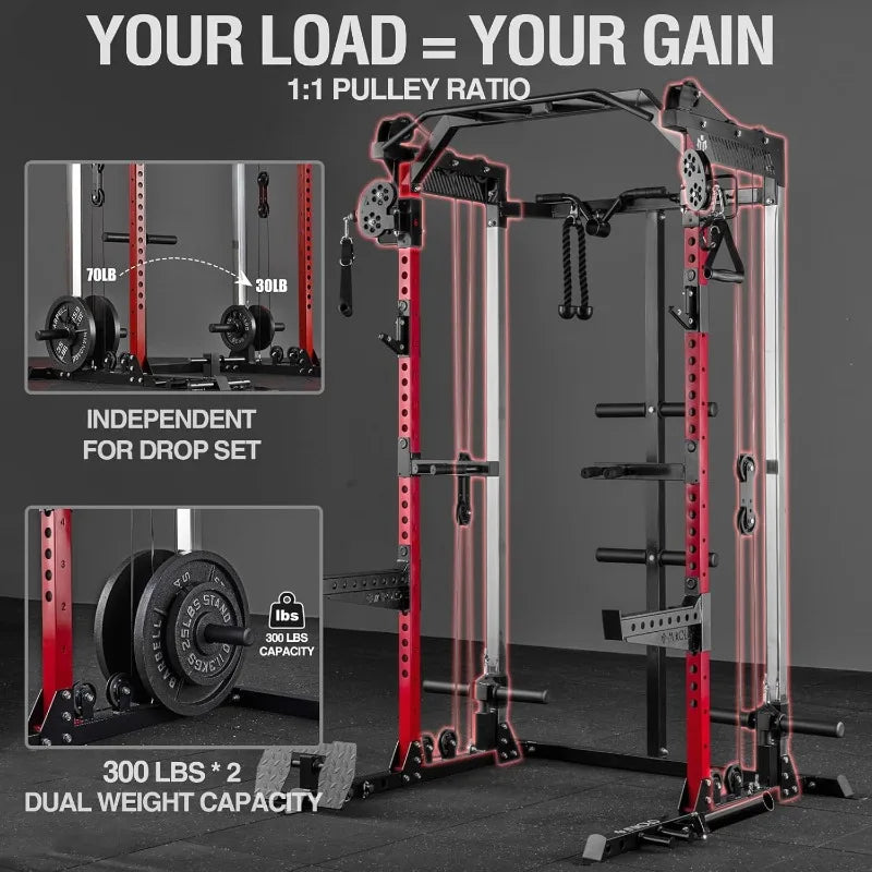Power Cage, 2000LB Power Rack with Independent Dual Pulley System, Multi-Function Home Gym Workout Machine for Cable Crossover