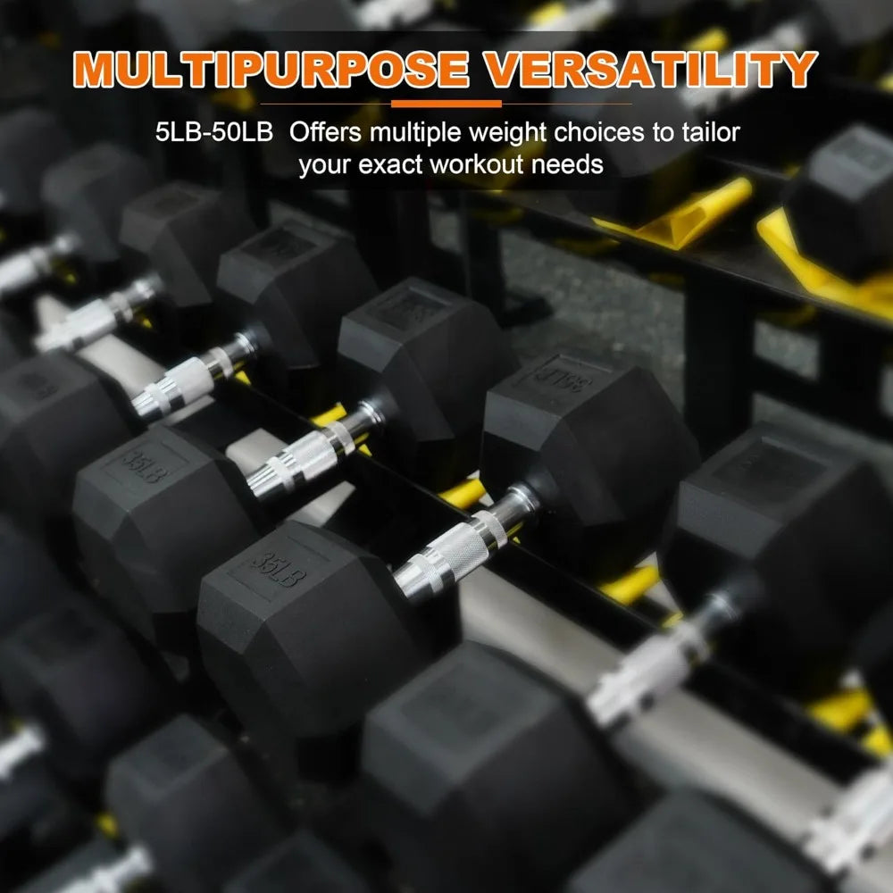 Hex Rubber Dumbbell Set with Contoured Handle for Full Body Workout, Strength Training & Muscle Toning, 60LB-550LB Options