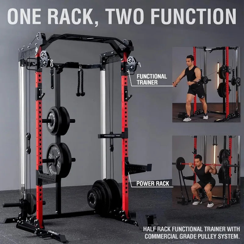 Power Cage, 2000LB Power Rack with Independent Dual Pulley System, Multi-Function Home Gym Workout Machine for Cable Crossover